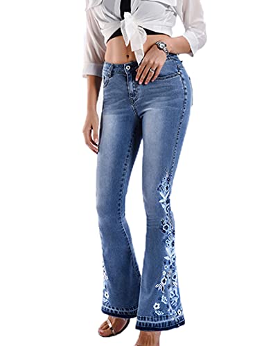 Each women Damenjeans GäNseblüMchen Bestickte Jeans-Hose Mit Weitem Bein Damen Hoch Taillierte, Schmale, Ausgestellte Jeans von Each women