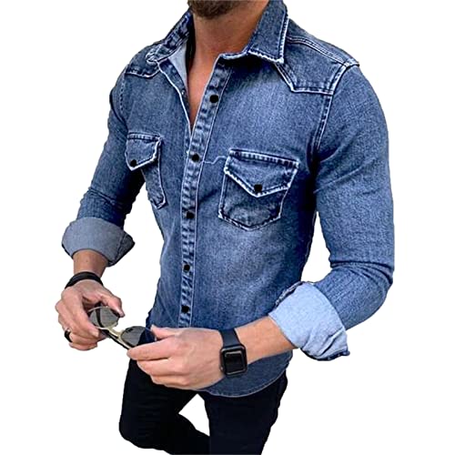 Each women Herren Langarm Jeanshemd Slim Fit LäSsiges Hemd Mit DruckknöPfen Turnover Krawattentasche von Each women