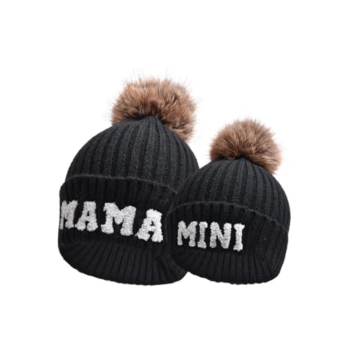 Set von 2, Stickerei gestrickt Mama und Mini Hut Winter Warm Cuffed Ski Mama und Tochter Sohn Cap mit Pom, 2er Set schwarz, Einheitsgröße Set von 2, Stickerei gestrickt Mama und Mini Hut Winter Warm Cuffed Ski Mama und Tochter Sohn Cap mit Pom, 2er Set schwarz, Einheitsgröße von Eachnice