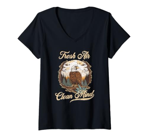Damen Fresh Air Clean Mind Wildnis Wandern Camping Natur Adler T-Shirt mit V-Ausschnitt Damen Fresh Air Clean Mind Wildnis Wandern Camping Natur Adler T-Shirt mit V-Ausschnitt von Eagle Gifts For Campers
