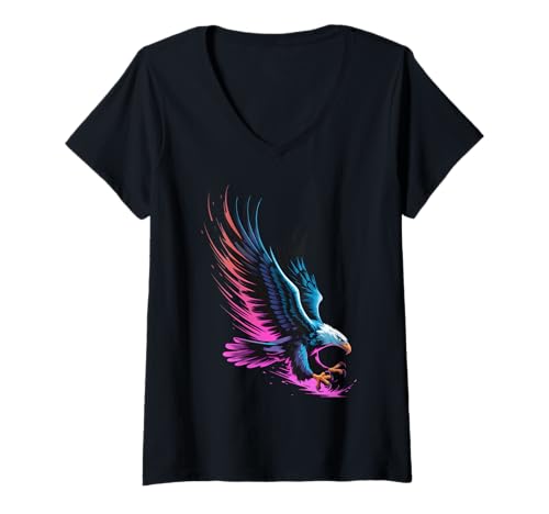 Damen Bunte Adler Poster Stil Farbspritzer Kunst Grafik T-Shirt mit V-Ausschnitt von Eagle Lover Apparel & Arts