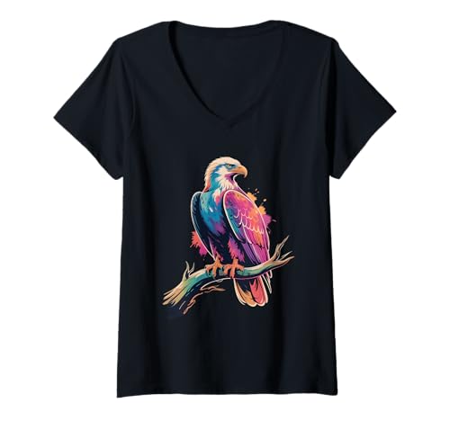 Damen Farbenfroher Vogel, Adler, Poster-Stil, Farbspritzer, Kunstgrafik T-Shirt mit V-Ausschnitt von Eagle Lover Apparel & Arts