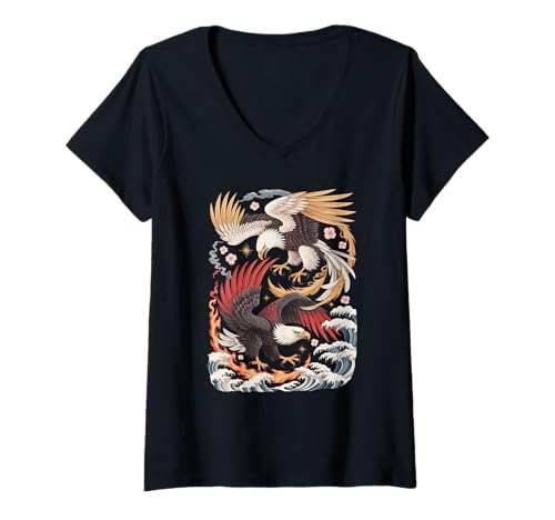 Damen Chinesische Kunst Weißkopfseeadler Yin und Yang Adler T-Shirt mit V-Ausschnitt von Eagle Lover Gifts