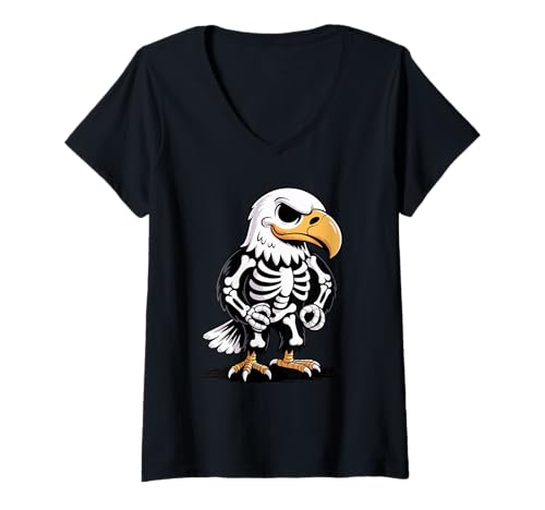 Damen Halloween Weißkopfseeadler Skelett Gruselige Adler T-Shirt mit V-Ausschnitt von Eagle Lover Gifts