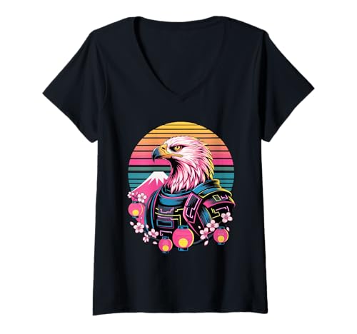 Damen Retro Samurai Weißkopfseeadler Adler T-Shirt mit V-Ausschnitt von Eagle Lover Gifts