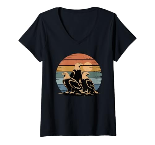 Damen Retro Sonnenuntergang Weißkopfseeadler Silhouette Adler T-Shirt mit V-Ausschnitt von Eagle Lover Gifts