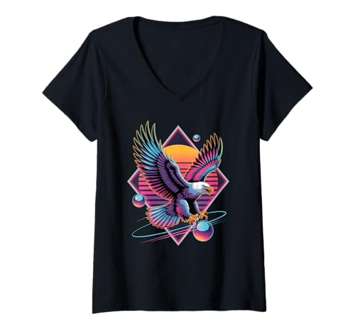 Damen Retro Synthwave Weißkopfseeadler Seeadler T-Shirt mit V-Ausschnitt von Eagle Lover Gifts