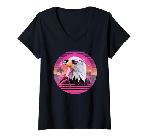 Damen Retro Synthwave Weißkopfseeadler Sonnenbrille Seeadler T-Shirt mit V-Ausschnitt Damen Retro Synthwave Weißkopfseeadler Sonnenbrille Seeadler T-Shirt mit V-Ausschnitt von Eagle Lover Gifts