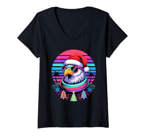 Damen Weihnachten Synthwave Weißkopfseeadler Sonnenbrille Adler T-Shirt mit V-Ausschnitt von Eagle Lover Gifts