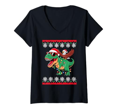 Damen Weihnachten Weißkopfseeadler T-Rex Dinosaurier T-Shirt mit V-Ausschnitt von Eagle Lover Gifts
