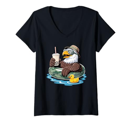 Damen Weißkopfseeadler Boba Perle Milchtee Adler T-Shirt mit V-Ausschnitt von Eagle Lover Gifts