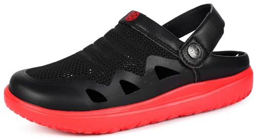 Clogs Hausschuhe Damen Herren Gartenschuhe atmungsaktive Orthopedic Gartenclogs Sommer leichte rutschfest Strand Sandalen Fußbogen Pantoletten,Schwarz-Rot-A,42 EU von Eagsouni