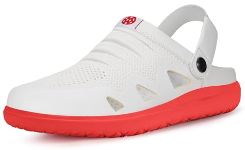 Clogs Hausschuhe Damen Herren Gartenschuhe atmungsaktive Orthopedic Gartenclogs Sommer leichte rutschfest Strand Sandalen Fußbogen Pantoletten,Weiß-Rot,39 EU von Eagsouni