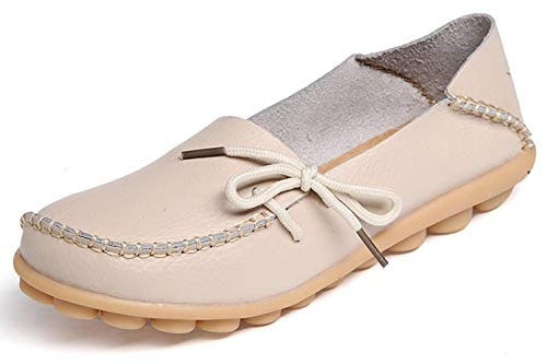 Eagsouni Damen Mokassins Bootsschuhe Leder Loafers Freizeit Schuhe Flache Fahren Halbschuhe Casual Slippers, Beige A, 42 EU von Eagsouni