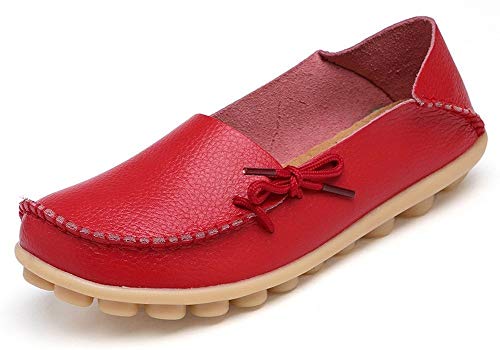 Eagsouni Mokassins Damen Bootsschuhe Casual PU Leder Loafers Slip on Flache Fahren Freizeitschuhe Sommer Schuhe, Rot A, 39 EU von Eagsouni