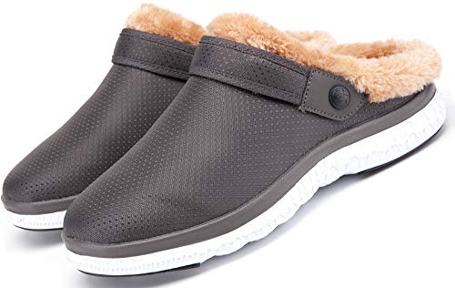 Eagsouni Winter Hausschuhe Herren Damen Lined Clogs Gartenschuhe Plüsch Wärme Gefüttert Pantoffeln rutschfeste Gartenclogs für Drinnen und Draußen,Dunkel Grau Stil B,42 EU von Eagsouni