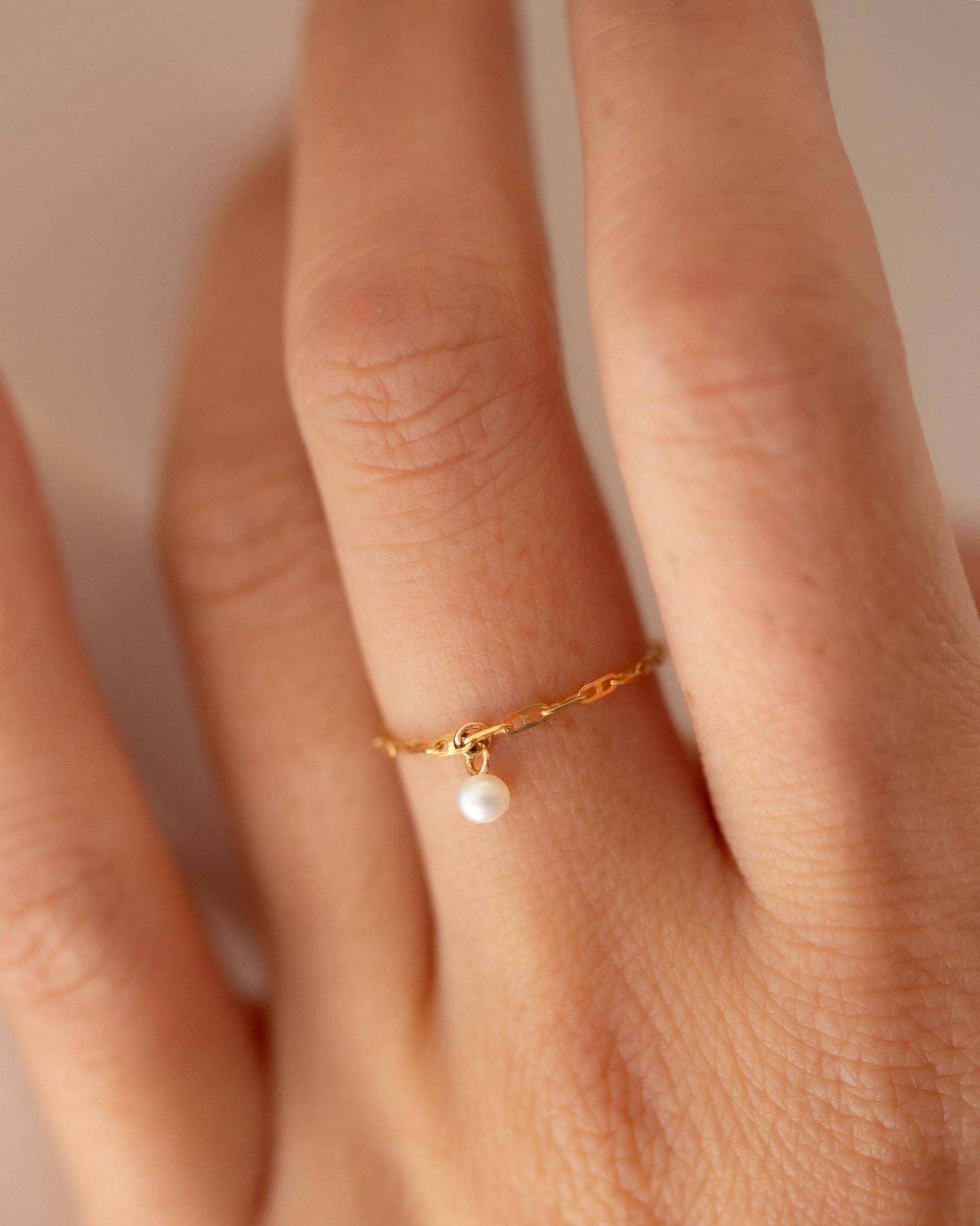 14K Goldperlenkettenring/Solid Gold Bare Chain Ring Mit Perle Zierlicher Kettenring von EandEProject