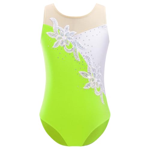 Eandarui Ballettanzug Kinder Mädchen Ärmellos Sportbody Strass Glitzer Gymnastik Trikot Mesh Patchwork Leotard Eiskunstlauf Akrobatik Anzug Fluorescent Grün 110-116 von Eandarui