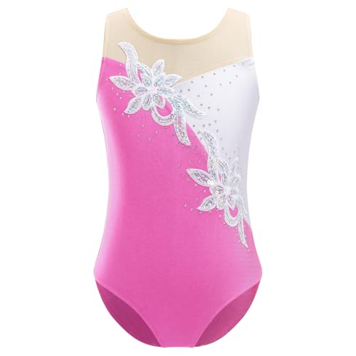 Eandarui Ballettanzug Kinder Mädchen Ärmellos Sportbody Strass Glitzer Gymnastik Trikot Mesh Patchwork Leotard Eiskunstlauf Akrobatik Anzug Rosa 146-152 von Eandarui