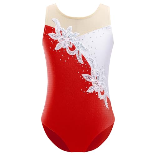 Eandarui Ballettanzug Kinder Mädchen Ärmellos Sportbody Strass Glitzer Gymnastik Trikot Mesh Patchwork Leotard Eiskunstlauf Akrobatik Anzug Rot 146-152 von Eandarui
