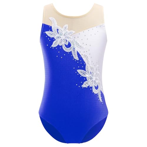 Eandarui Ballettanzug Kinder Mädchen Ärmellos Sportbody Strass Glitzer Gymnastik Body Patchwork Trikot Eiskunstlauf Akrobatik Anzug Royal Blau 158-164 von Eandarui