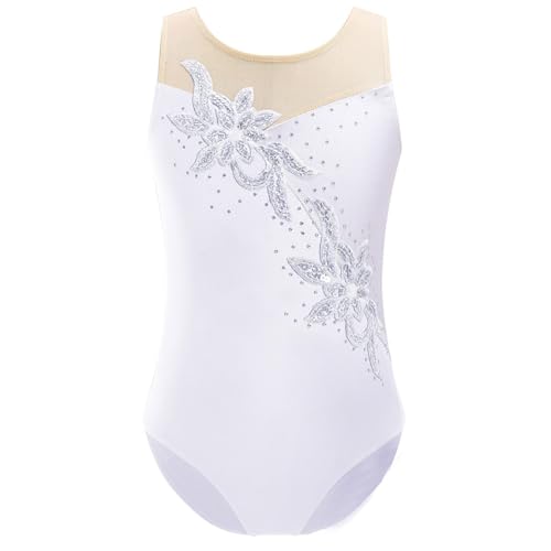 Eandarui Ballettanzug Kinder Mädchen Ärmellos Sportbody Strass Glitzer Gymnastik Trikot Mesh Patchwork Leotard Eiskunstlauf Akrobatik Anzug Weiß 134-140 von Eandarui