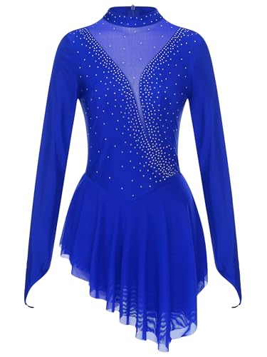 Eandarui Eislaufkleid Damen Langarm Glitzer Tanzkleid Mit Strass Stehkragen Ballett Body Patchwork Trikot Asymetrisch Wickelrock Wettbwerb Tanzkostüm Königsblau S von Eandarui