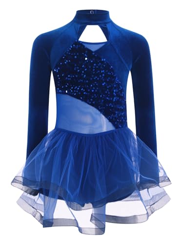 Eandarui Eislaufkleid Mädchen Langarm Samt Rollkunstlauf Kleid Kinder Pailletten Glitzer Tanzbody Stehkragen Trikot Mit Tüll Tutu Rock Tanzkostüm Blau 110-116 von Eandarui