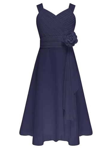 Eandarui Festliche Kleider Kinder Mädchen Ärmellos Partykleid A Linien Ballkleid V-Ausschnitt Cocktailkleid Chiffon Blumen Abendkleid Prinzessin Navy Blau 158-164 von Eandarui
