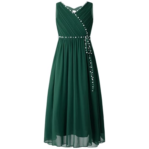 Eandarui Festliches Kleid Mädchen Lang Kinder Ärmellos Blumenmädchenkleid Perlen Glitzer Partykleid A Linien Ballkleid V-Ausschnitt Armeegrün 122-128 von Eandarui