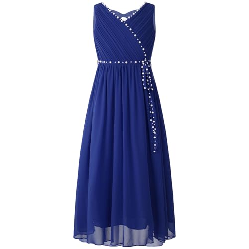 Eandarui Festliches Kleid Mädchen Lang Kinder Ärmellos Blumenmädchenkleid Perlen Glitzer Partykleid A Linien Ballkleid V-Ausschnitt Blau 134-140 von Eandarui