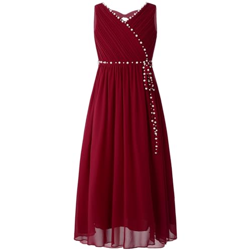 Eandarui Festliches Kleid Mädchen Lang Kinder Ärmellos Blumenmädchenkleid Perlen Glitzer Partykleid A Linien Ballkleid V-Ausschnitt Burgundy 122-128 von Eandarui