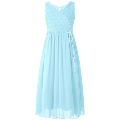 Eandarui Festliches Kleid Mädchen Lang Kinder Ärmellos Blumenmädchenkleid Perlen Glitzer Partykleid A Linien Ballkleid V-Ausschnitt Hellblau 146-152 von Eandarui