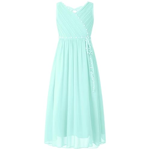 Eandarui Festliches Kleid Mädchen Lang Kinder Ärmellos Blumenmädchenkleid Perlen Glitzer Partykleid A Linien Ballkleid V-Ausschnitt Minzgrün 134-140 von Eandarui