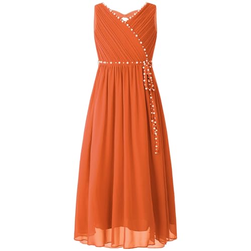 Eandarui Festliches Kleid Mädchen Lang Kinder Ärmellos Blumenmädchenkleid Perlen Glitzer Partykleid A Linien Ballkleid V-Ausschnitt Orange 158-164 von Eandarui
