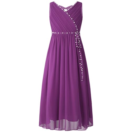 Eandarui Festliches Kleid Mädchen Lang Kinder Ärmellos Blumenmädchenkleid Perlen Glitzer Partykleid A Linien Ballkleid V-Ausschnitt Violett 134-140 von Eandarui
