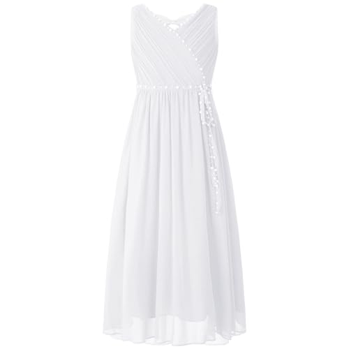 Eandarui Festliches Kleid Mädchen Lang Kinder Ärmellos Blumenmädchenkleid Perlen Glitzer Partykleid A Linien Ballkleid V-Ausschnitt Weiß 170-176 von Eandarui