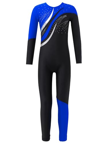 Eandarui Ganzkörper Body Kinder Glitzer Mädchen Langarm Tanzanzug Mit Strass Streifen Patchwork Tanzbody Rundhals Turntrikot Wettbewerb Tanzkostüm Königsblau 170-176 von Eandarui