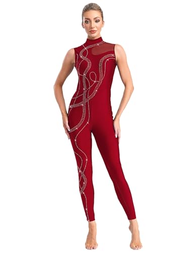 Eandarui Ganzkörper Gymnastikanzug Damen Tanzanzug Strass Glitzer Sport Overall Ärmellos Jumpsuit Cut Out Dancewear Burgundy L von Eandarui