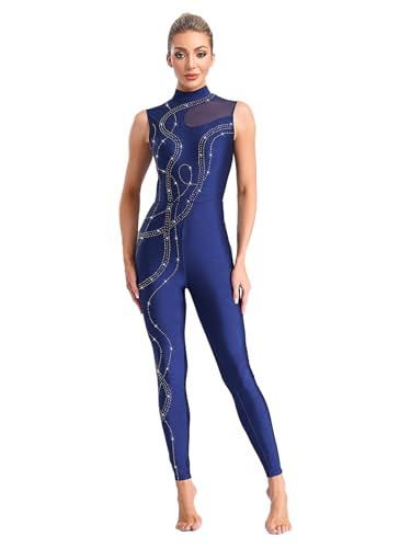 Eandarui Ganzkörper Gymnastikanzug Damen Tanzanzug Strass Glitzer Sport Overall Ärmellos Jumpsuit Cut Out Dancewear Navy blau XXL von Eandarui
