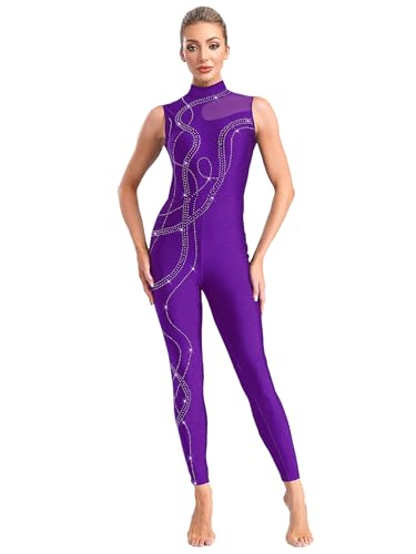 Eandarui Ganzkörper Gymnastikanzug Damen Tanzanzug Strass Glitzer Sport Overall Ärmellos Jumpsuit Cut Out Dancewear Violett XXL von Eandarui