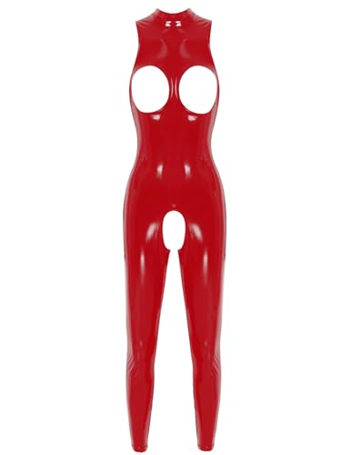 Eandarui Ganzkörperanzug Damen Leder Nekcholder Overall Im Schritt Offen Jumpsuit Ärmellos Burstfrei Oberteil Ouvert Pantyhose Erotisch Gummianzug Rot M von Eandarui