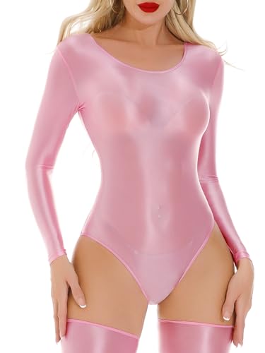 Eandarui Glossy Body Damen Langarm Satin Glanz Catsuit Nylon Dessous Rundhals Unterziehbody Eng Stretch Stringbody Clubwear Rosa XL von Eandarui