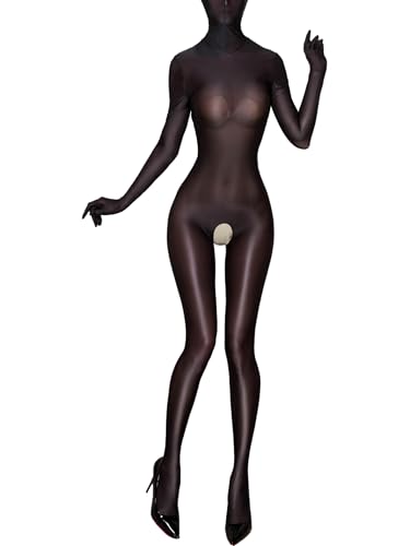 Eandarui Glossy Bodystocking Damen Ganzkörper Nylon Body Halb Transparent Overall Offener Schritt Jumpsuit Ganzkörperanzug Zentai Kostüm Erotisch Schwarz XL von Eandarui