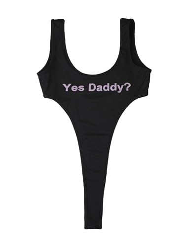 Eandarui High Cut Body Damen Yes Daddy ? Print Catsuit Nylon Unterwäsche Dessous Ärmellos Stringbody Party Clubwear Schwarz Einheitsgröße von Eandarui