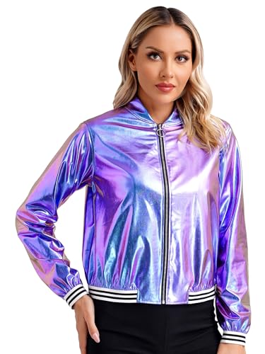 Eandarui Holographic Jacke Damen Metallic Bomberjacke Glänzend Langarm Baseballjacke Mit Reißverschluss Party Disco Kostüm Blau M von Eandarui