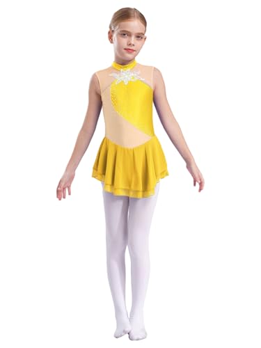 Eandarui Eiskunstlauf Kleid Glitzer Kinder Mädchen Blumen Strass Rollschuhkleid Ärmellos Tanzkleid Cut Out Ballettkleid Mit Wickelrock Dancewear Gelb 134-140 von Eandarui