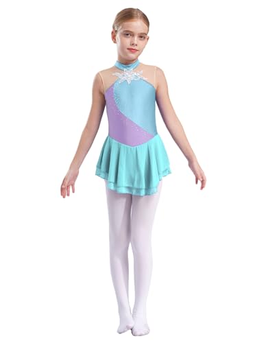 Eandarui Eiskunstlauf Kleid Glitzer Kinder Mädchen Blumen Strass Rollschuhkleid Ärmellos Tanzkleid Cut Out Ballettkleid Mit Wickelrock Dancewear Hellblau 122-128 von Eandarui