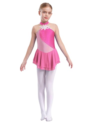 Eandarui Eiskunstlauf Kleid Glitzer Kinder Mädchen Blumen Strass Rollschuhkleid Ärmellos Tanzkleid Cut Out Ballettkleid Mit Wickelrock Dancewear Rosa 122-128 von Eandarui