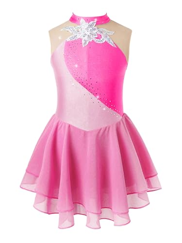 Eandarui Kinder Eiskunstlauf Kleid Blumen Strass Glitzer Ballettkleid Ärmellos Tanzkleid Mit Chiffon Tutu Rock Wettbewerb Performance Bekleidung Rosa 134-140 von Eandarui